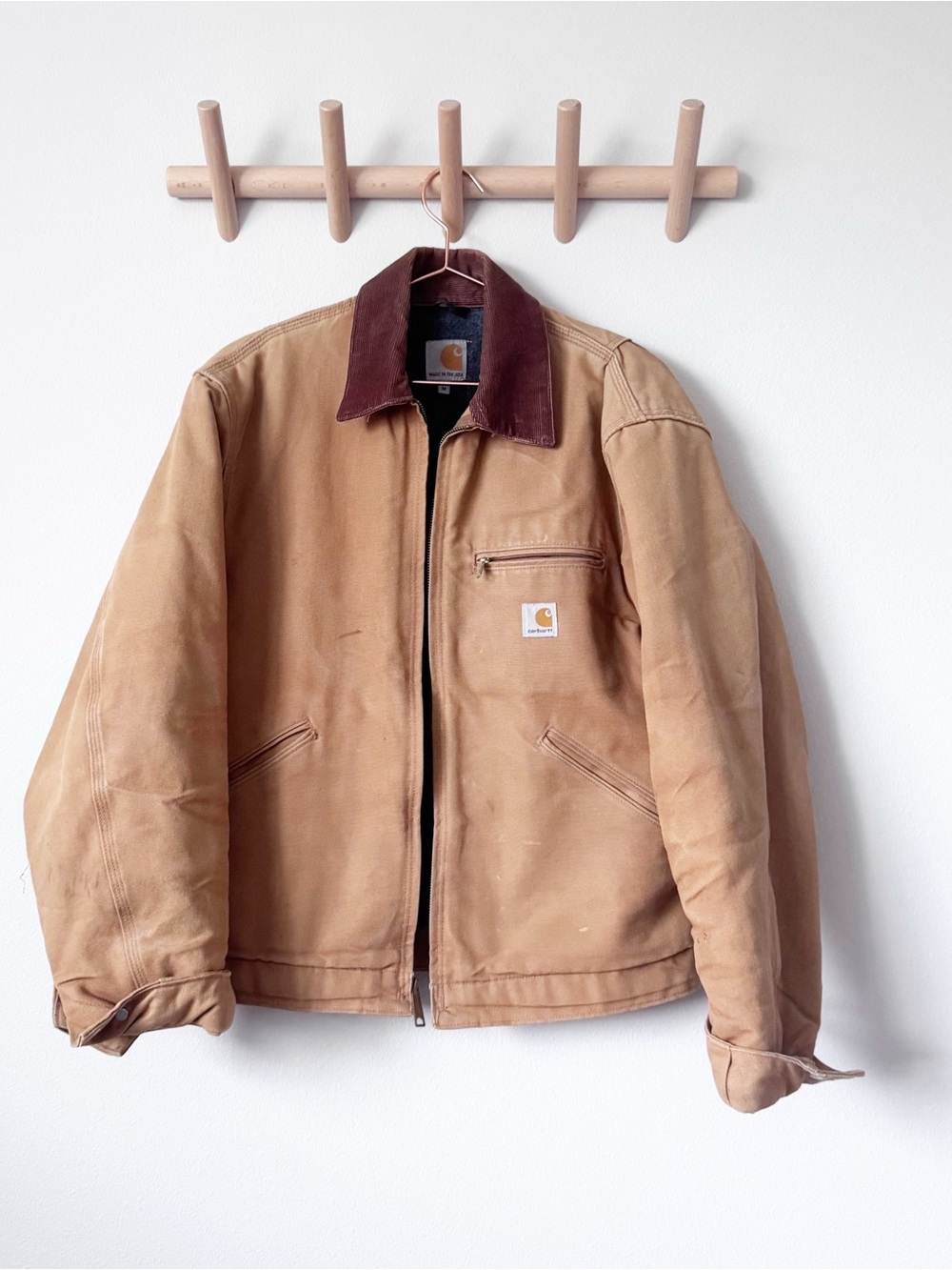 Carhartt Tan Duck Work Jacket with Dark Brown Corduroy Collar